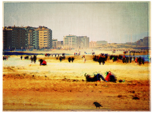 This picture belongs to the series "the coast". It is partially digitally painted. it shows a beach scene. On the left the boardwalk and hotels. In the middle the beach with people and on the right the sea.