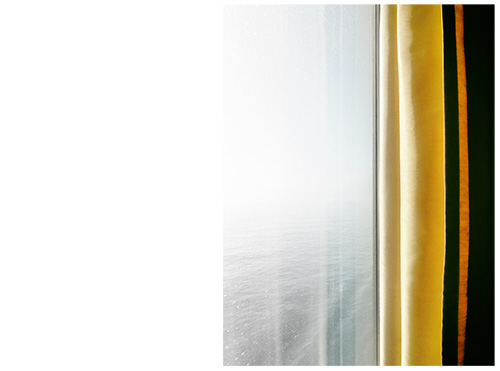 This picture belongs to the series "the coast". On the right side of the picture the curtain of a ship window. On the left the view of the sea.